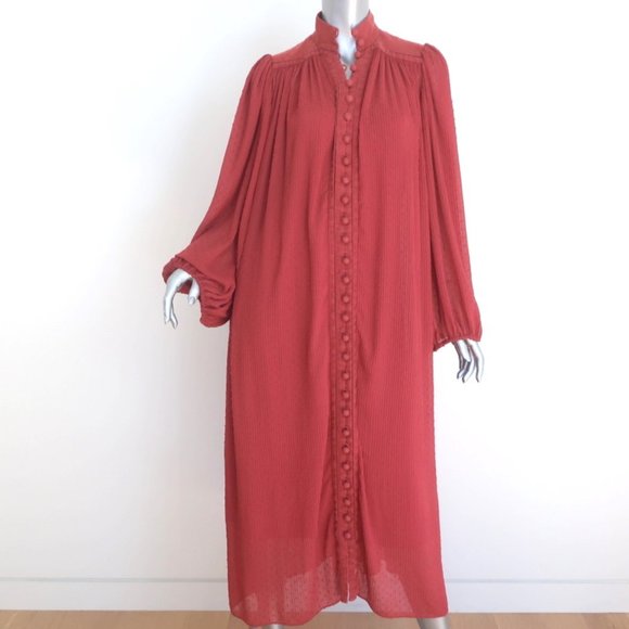 ZIMMERMANN MIDI DRESS ESPIONAGE BRICK PLISSE SWISS DOT SIZE 0 LONG SLEEVE - Picture 2 of 11